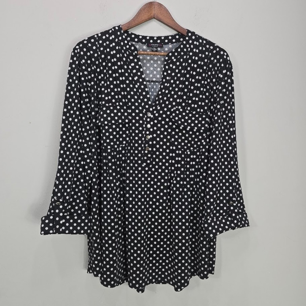Cocomo Woman Popover Top Size 2X Black Roll Tab Sleeve Polka Dot Office Career